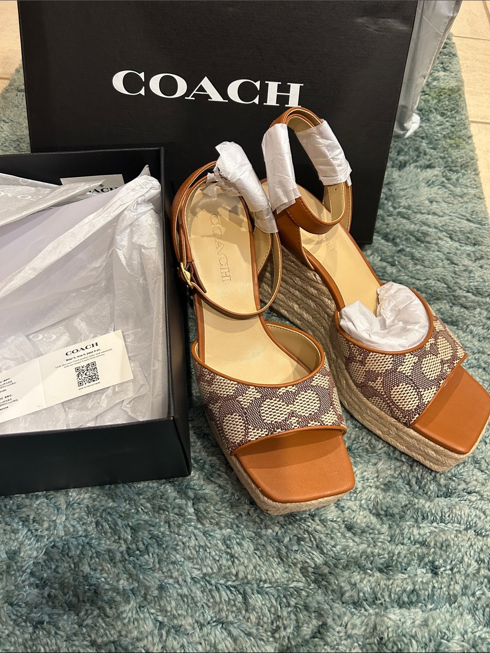 Coach Brown and Cream Signature Canvas Wedge Sandals